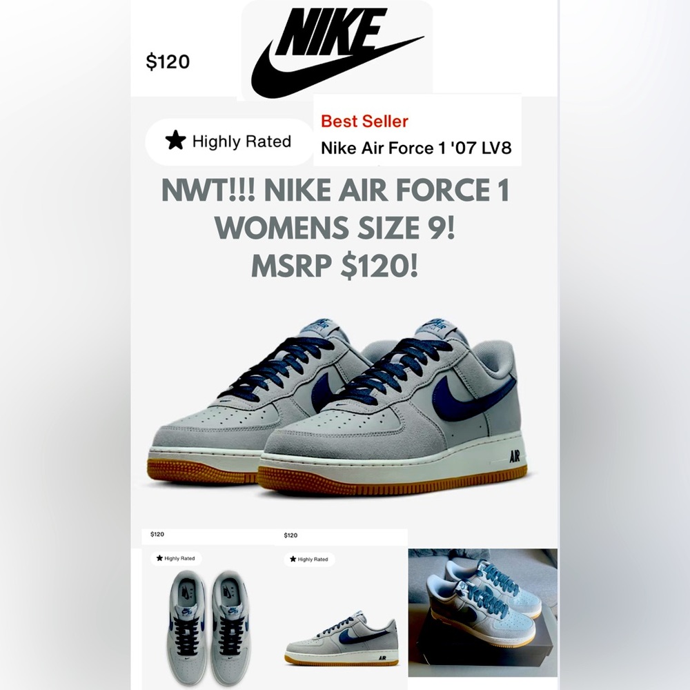NIB! NIKE AIR FORCE 1! WOMENS SIZE 8.5/9! BEST SELLER! GRAY AND NAVY!